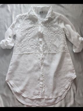 Made in Italy White Linen Lace Panel Button Down Tunic Shirt S